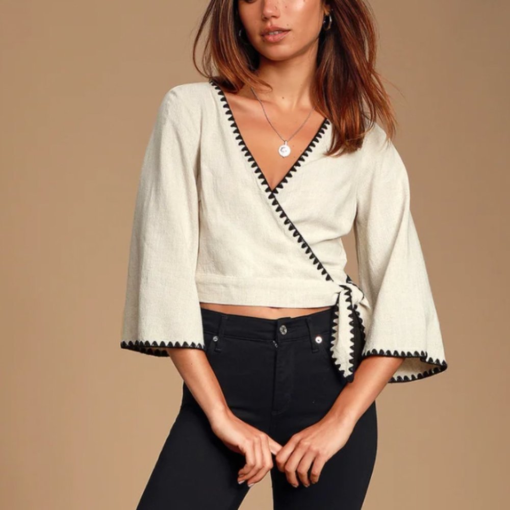 Lulu's Linen Allamanda Beige Cropped Wrap Top sz S